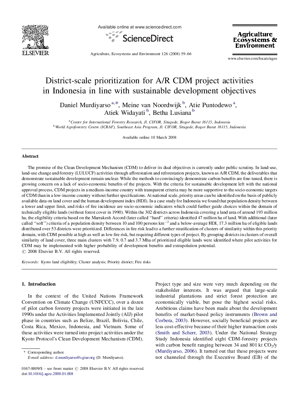 District-scale prioritization for A/R CDM project activities in Indonesia in line with sustainable development objectives