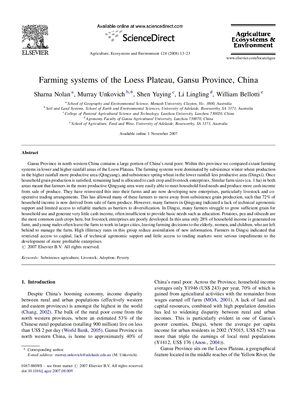 Farming systems of the Loess Plateau, Gansu Province, China