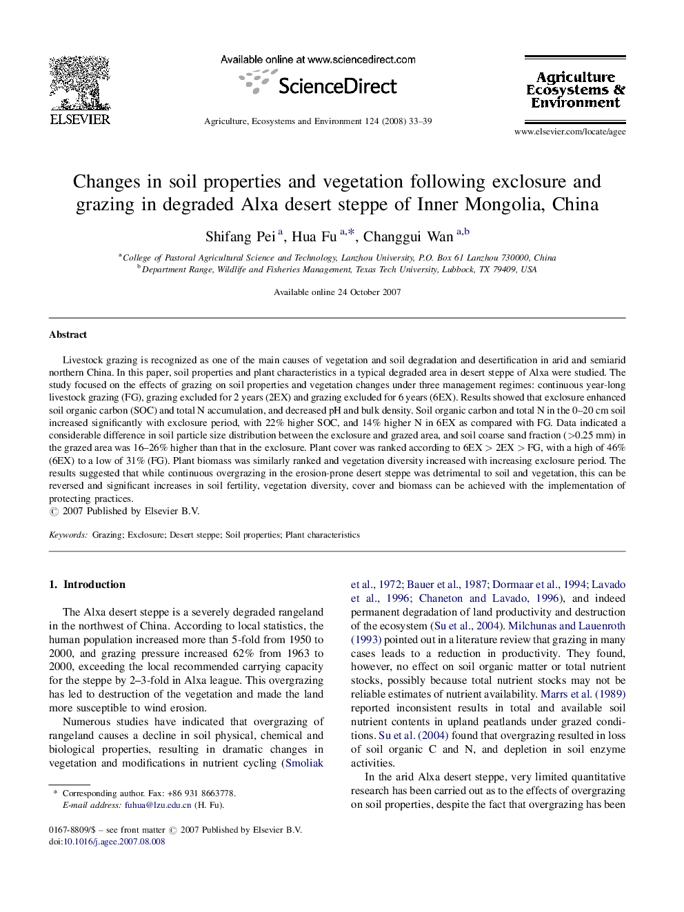 Changes in soil properties and vegetation following exclosure and grazing in degraded Alxa desert steppe of Inner Mongolia, China