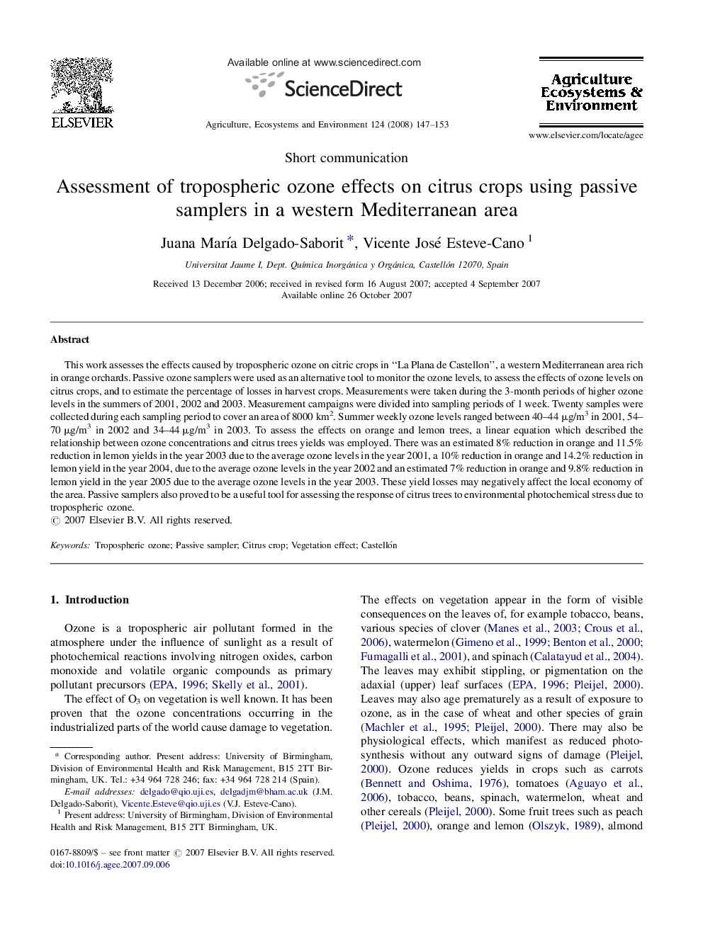 Assessment of tropospheric ozone effects on citrus crops using passive samplers in a western Mediterranean area