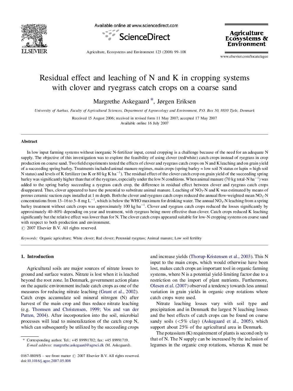 Residual effect and leaching of N and K in cropping systems with clover and ryegrass catch crops on a coarse sand