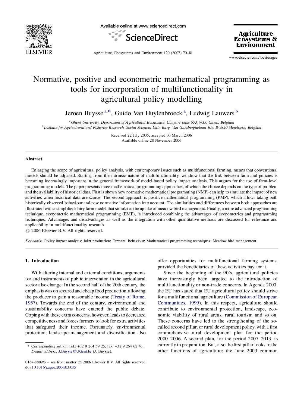 Normative, positive and econometric mathematical programming as tools for incorporation of multifunctionality in agricultural policy modelling