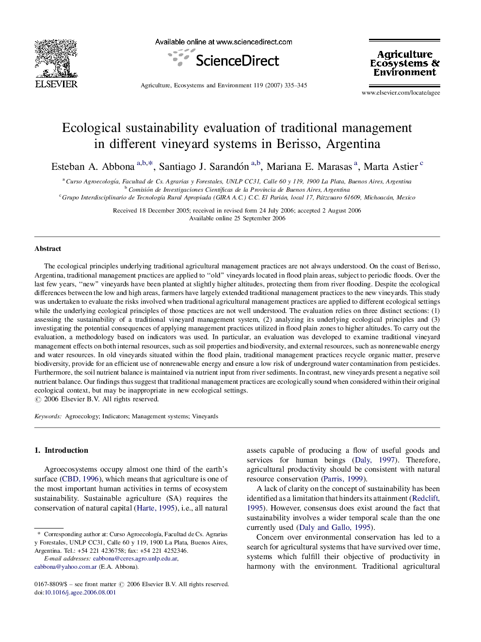 Ecological sustainability evaluation of traditional management in different vineyard systems in Berisso, Argentina