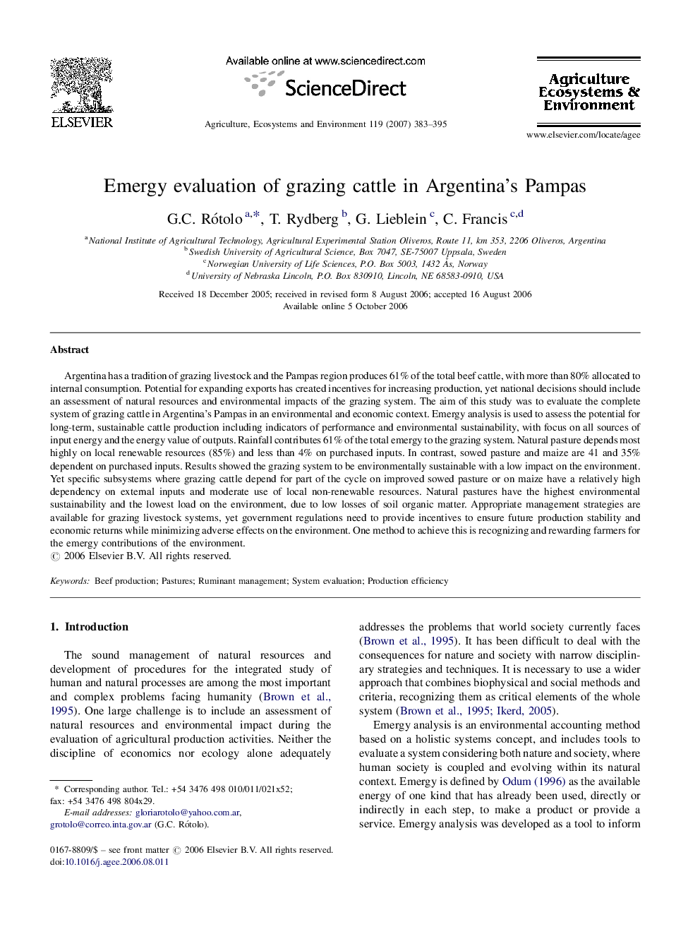 Emergy evaluation of grazing cattle in Argentina's Pampas