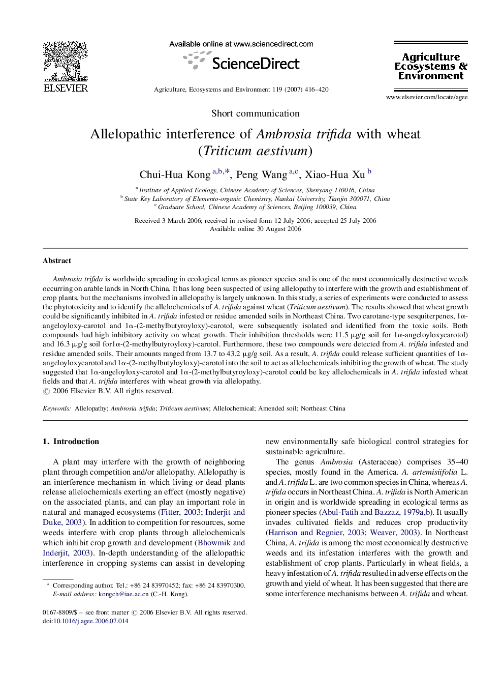 Allelopathic interference of Ambrosia trifida with wheat (Triticum aestivum)