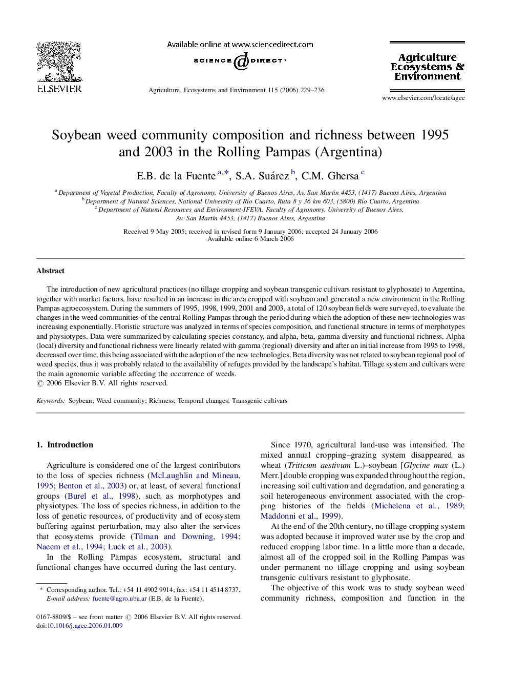 Soybean weed community composition and richness between 1995 and 2003 in the Rolling Pampas (Argentina)