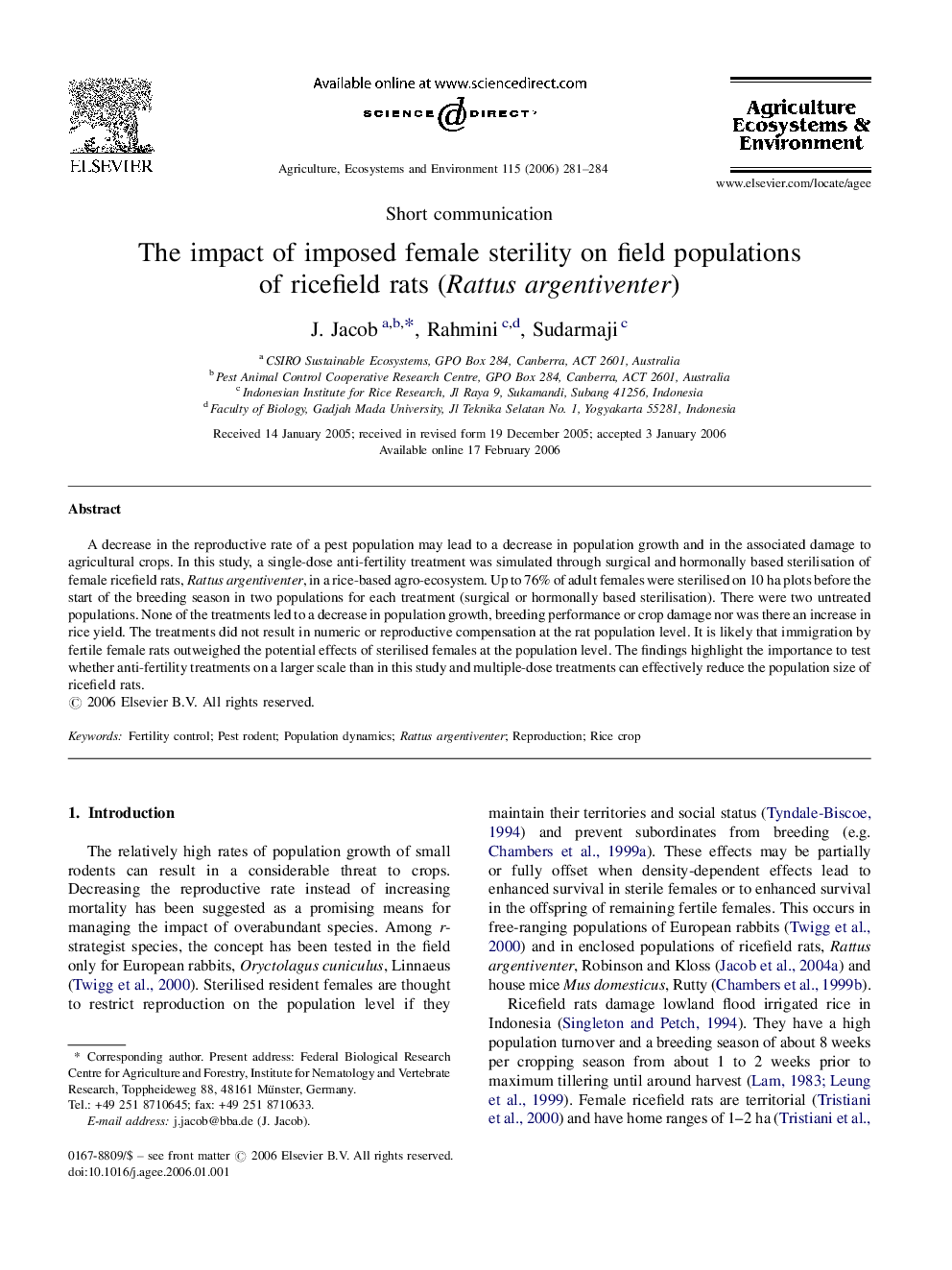 The impact of imposed female sterility on field populations of ricefield rats (Rattus argentiventer)