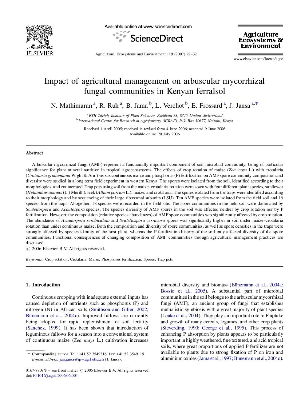 Impact of agricultural management on arbuscular mycorrhizal fungal communities in Kenyan ferralsol