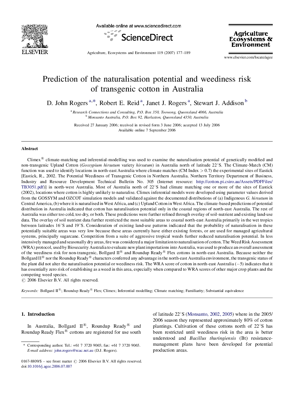 Prediction of the naturalisation potential and weediness risk of transgenic cotton in Australia