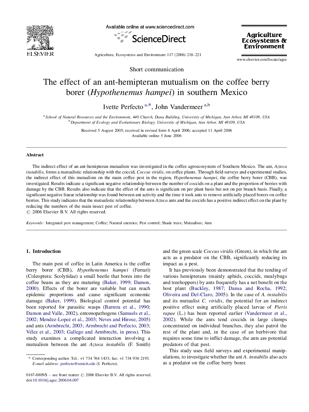 The effect of an ant-hemipteran mutualism on the coffee berry borer (Hypothenemus hampei) in southern Mexico