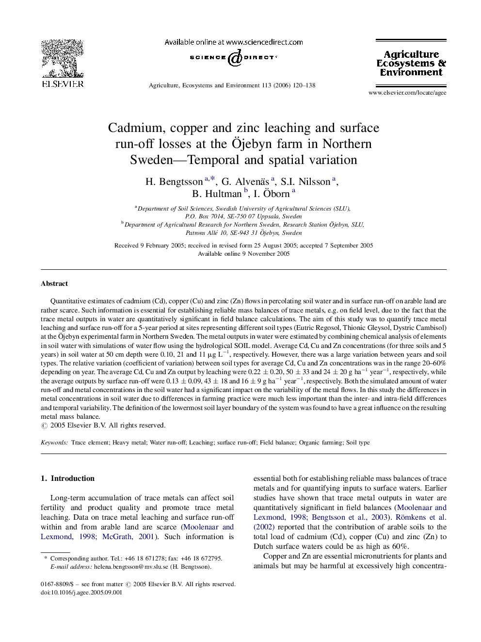 Cadmium, copper and zinc leaching and surface run-off losses at the Öjebyn farm in Northern Sweden—Temporal and spatial variation