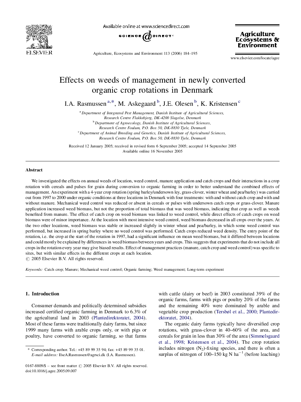 Effects on weeds of management in newly converted organic crop rotations in Denmark