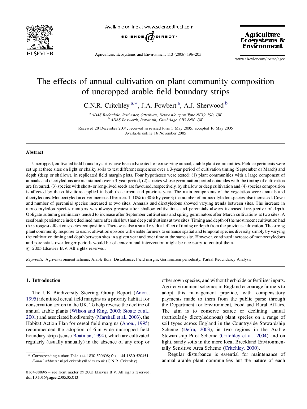 The effects of annual cultivation on plant community composition of uncropped arable field boundary strips