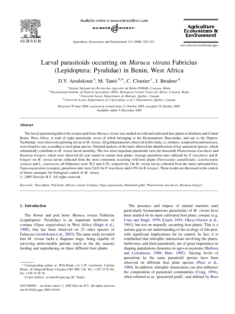 Larval parasitoids occurring on Maruca vitrata Fabricius (Lepidoptera: Pyralidae) in Benin, West Africa