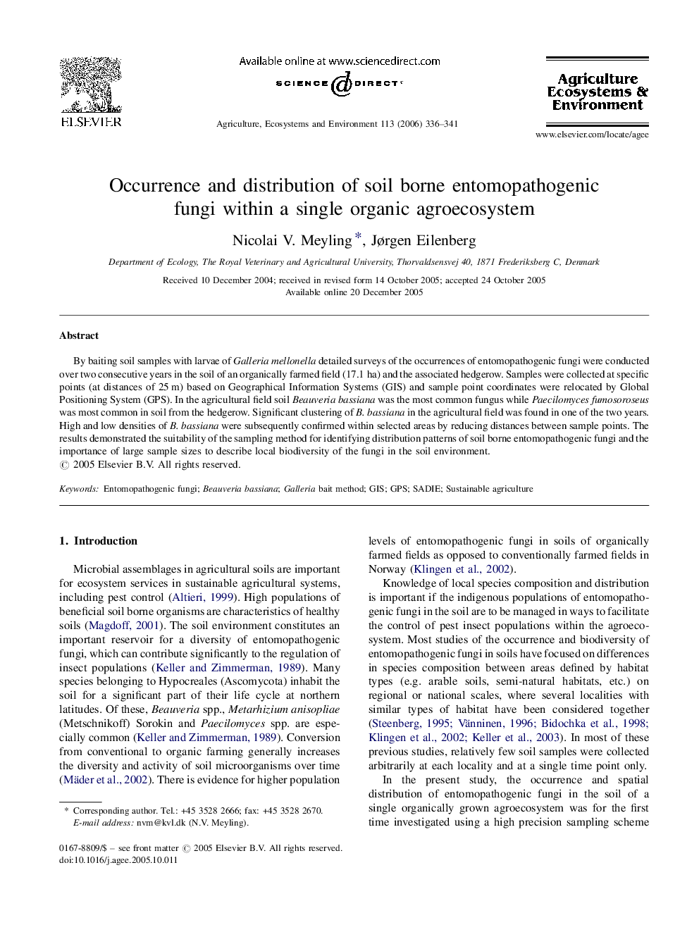 Occurrence and distribution of soil borne entomopathogenic fungi within a single organic agroecosystem