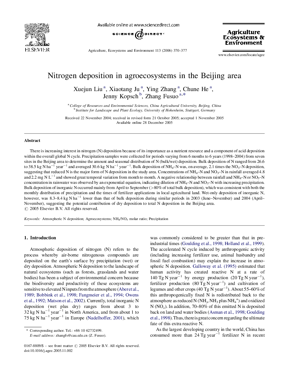 Nitrogen deposition in agroecosystems in the Beijing area