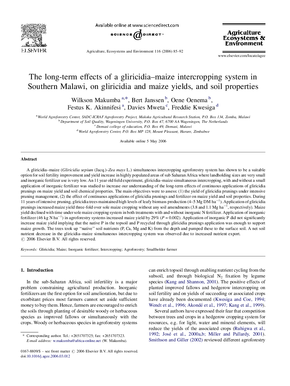 The long-term effects of a gliricidia–maize intercropping system in Southern Malawi, on gliricidia and maize yields, and soil properties