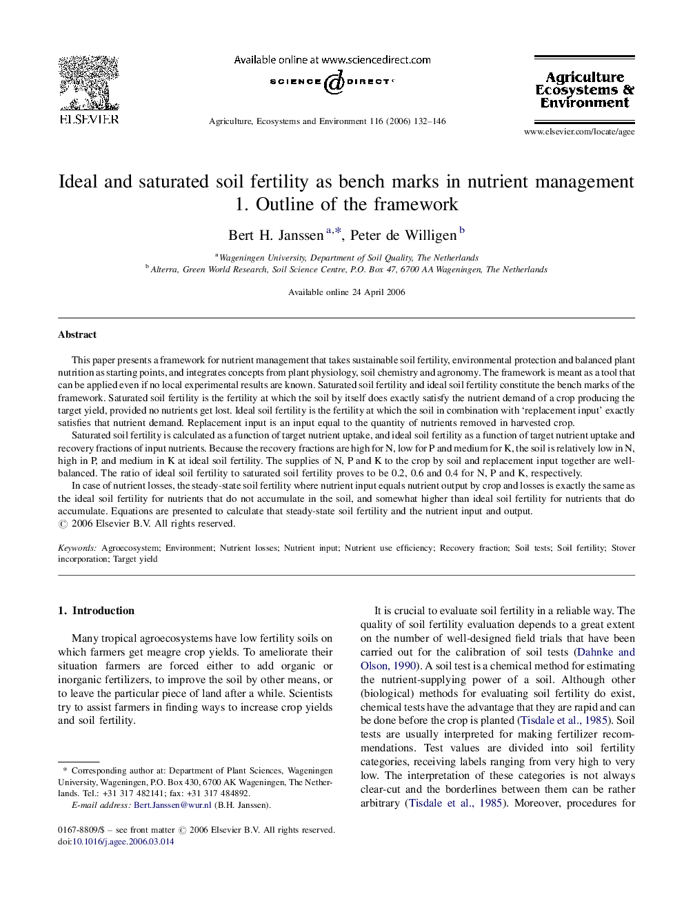 Ideal and saturated soil fertility as bench marks in nutrient management: 1. Outline of the framework