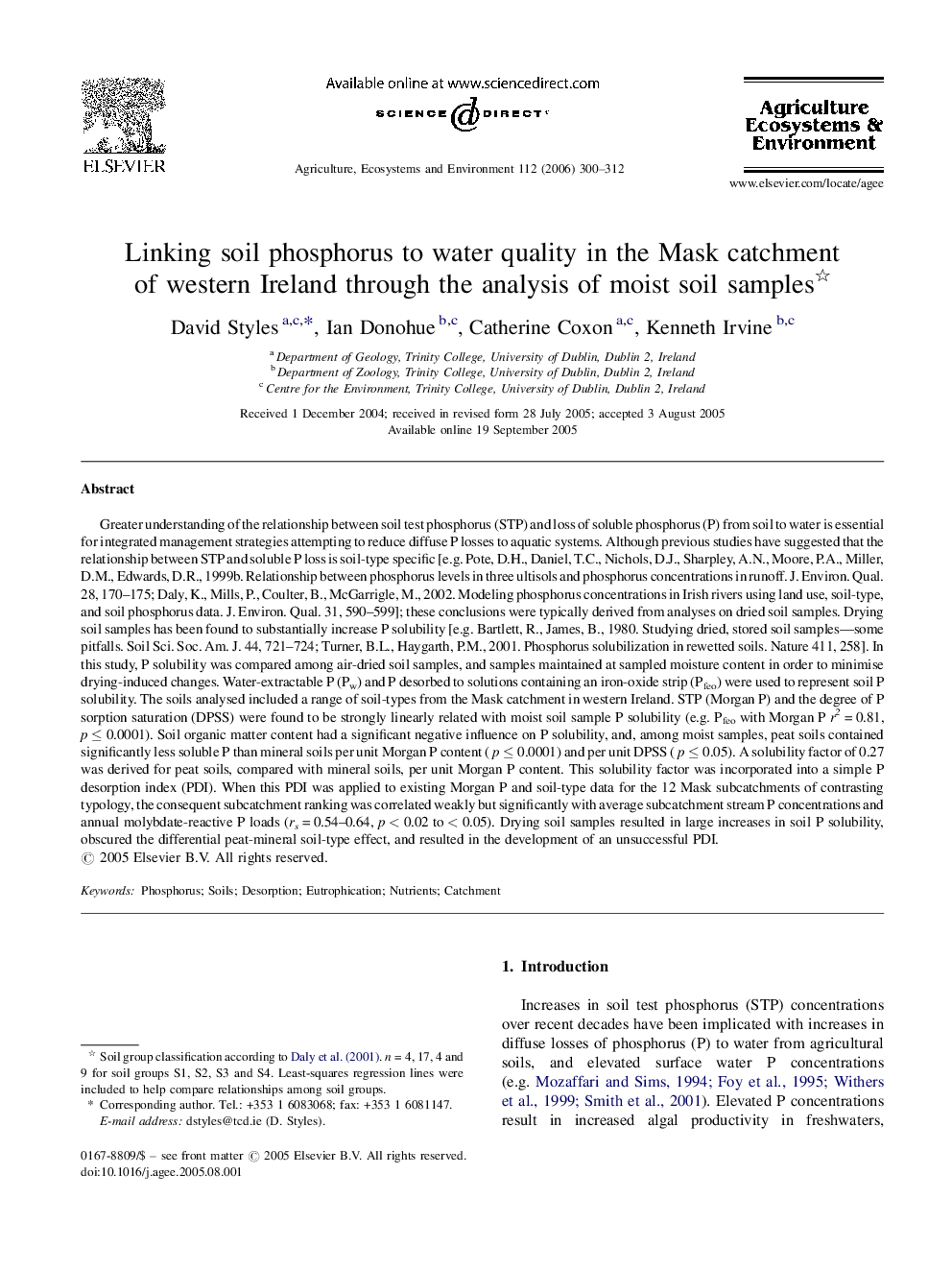 Linking soil phosphorus to water quality in the Mask catchment of western Ireland through the analysis of moist soil samples 