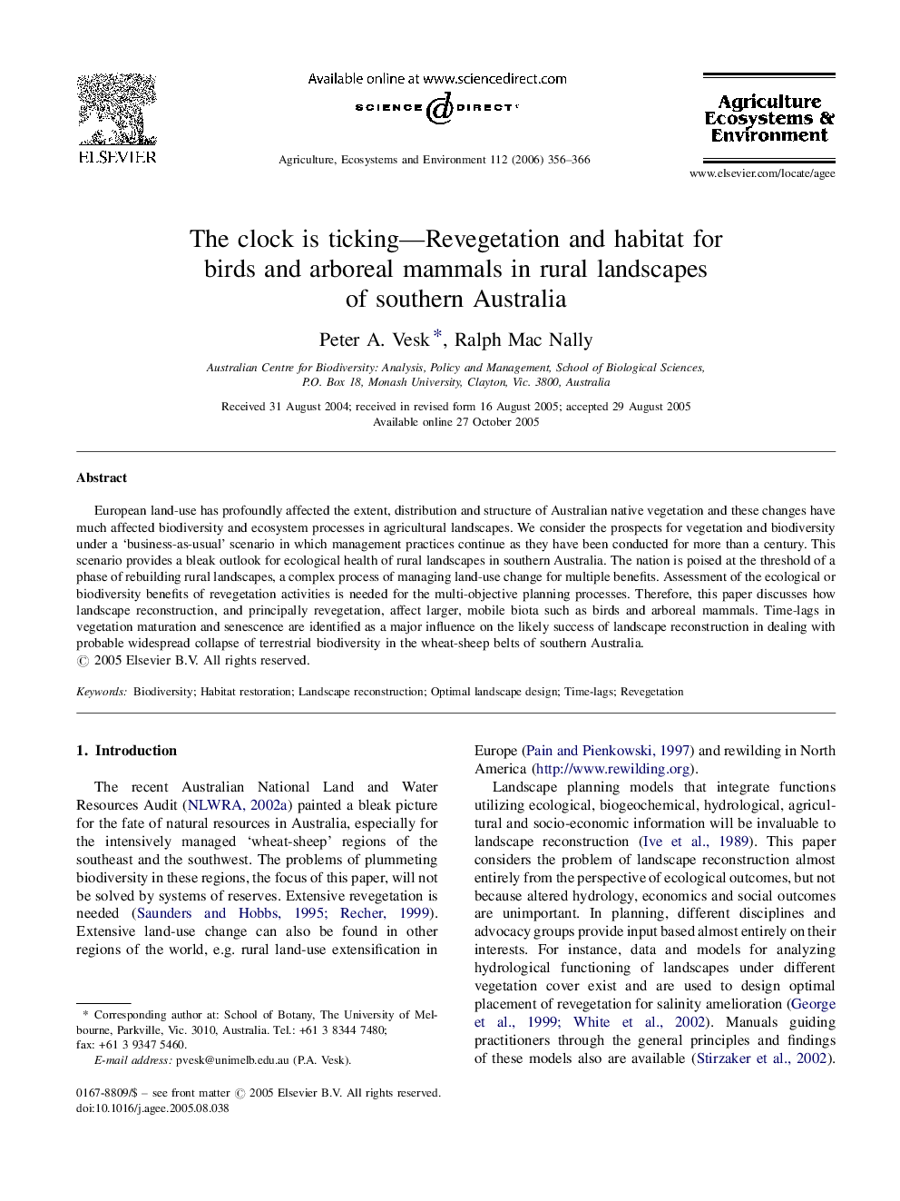 The clock is ticking—Revegetation and habitat for birds and arboreal mammals in rural landscapes of southern Australia