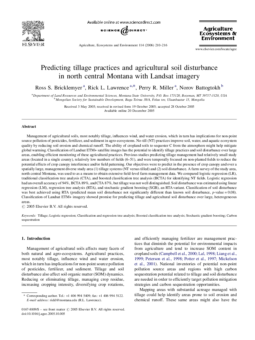 Predicting tillage practices and agricultural soil disturbance in north central Montana with Landsat imagery