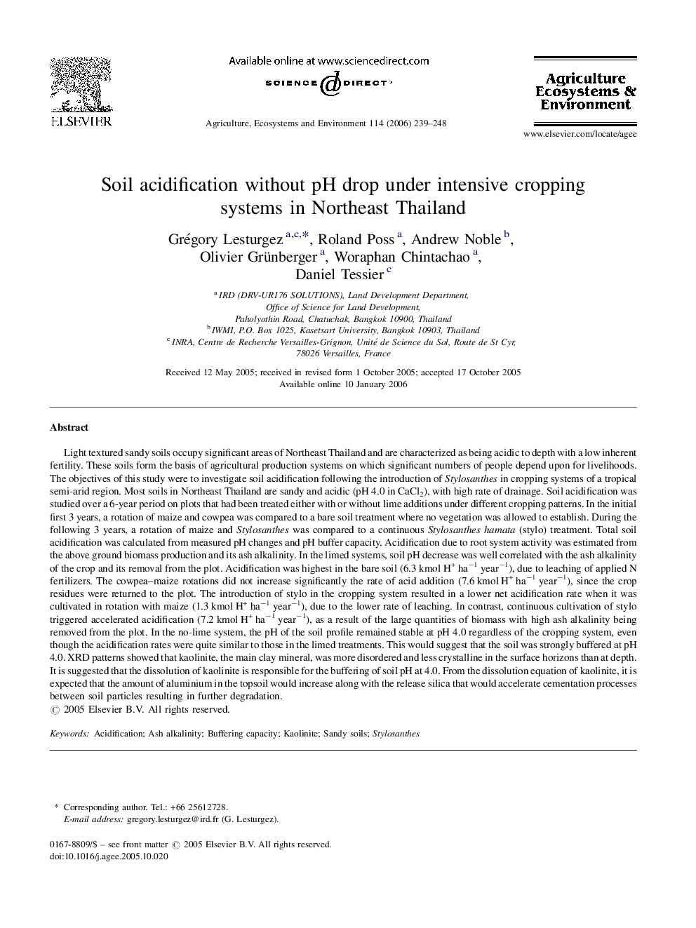 Soil acidification without pH drop under intensive cropping systems in Northeast Thailand