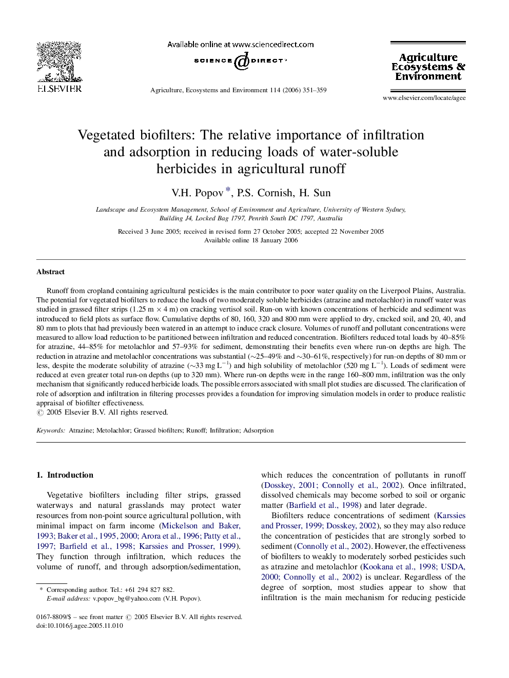 Vegetated biofilters: The relative importance of infiltration and adsorption in reducing loads of water-soluble herbicides in agricultural runoff