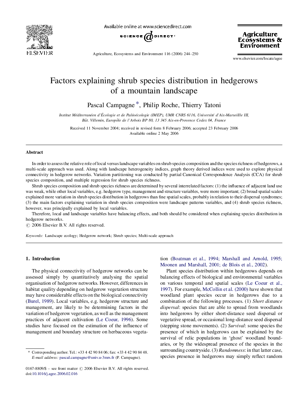 Factors explaining shrub species distribution in hedgerows of a mountain landscape