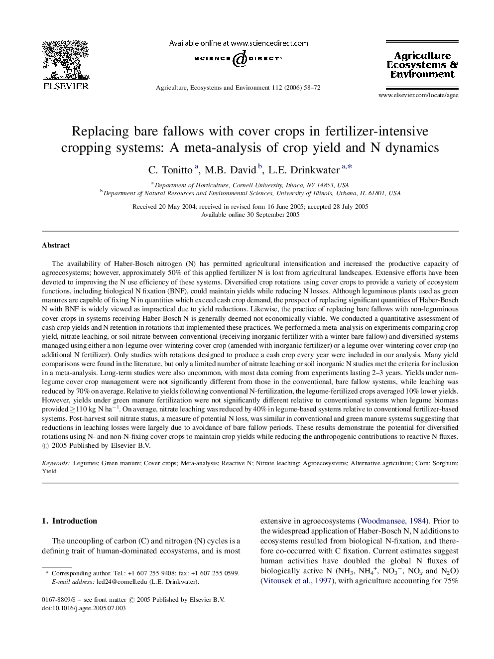 Replacing bare fallows with cover crops in fertilizer-intensive cropping systems: A meta-analysis of crop yield and N dynamics