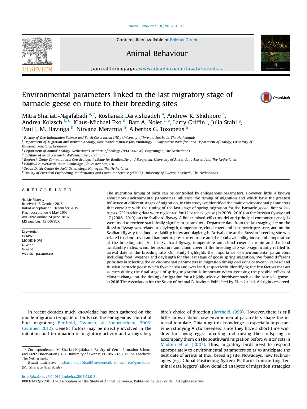 Environmental parameters linked to the last migratory stage of barnacle geese en route to their breeding sites