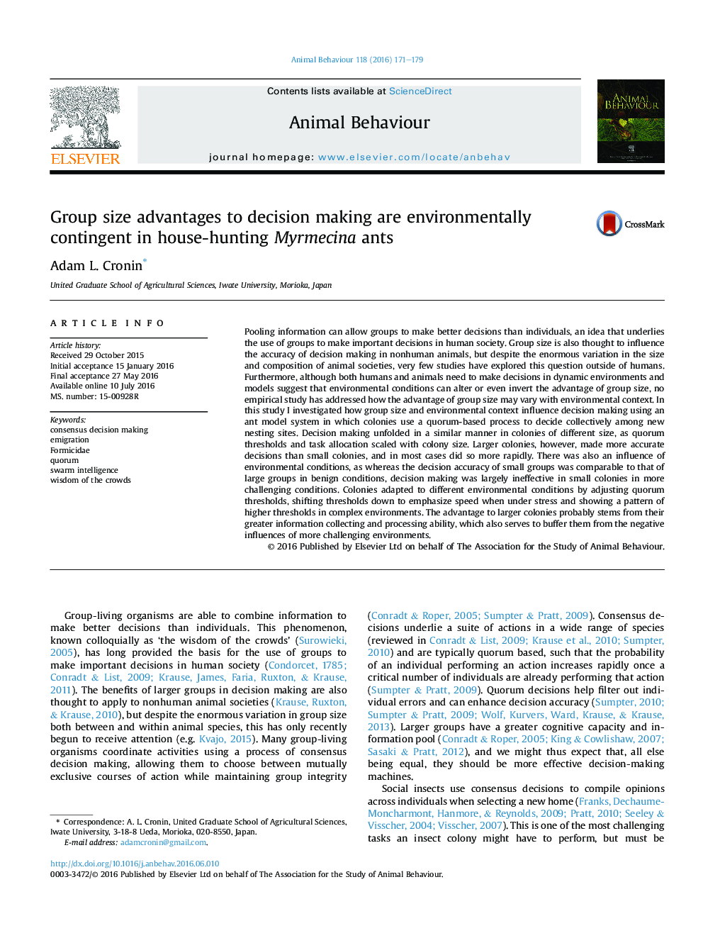 Group size advantages to decision making are environmentally contingent in house-hunting Myrmecina ants