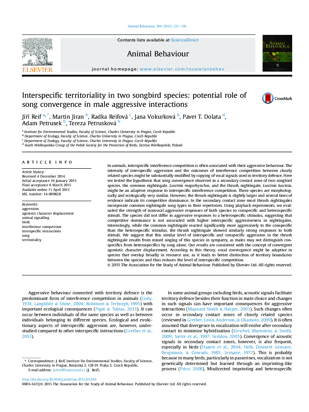 Interspecific territoriality in two songbird species: potential role of song convergence in male aggressive interactions