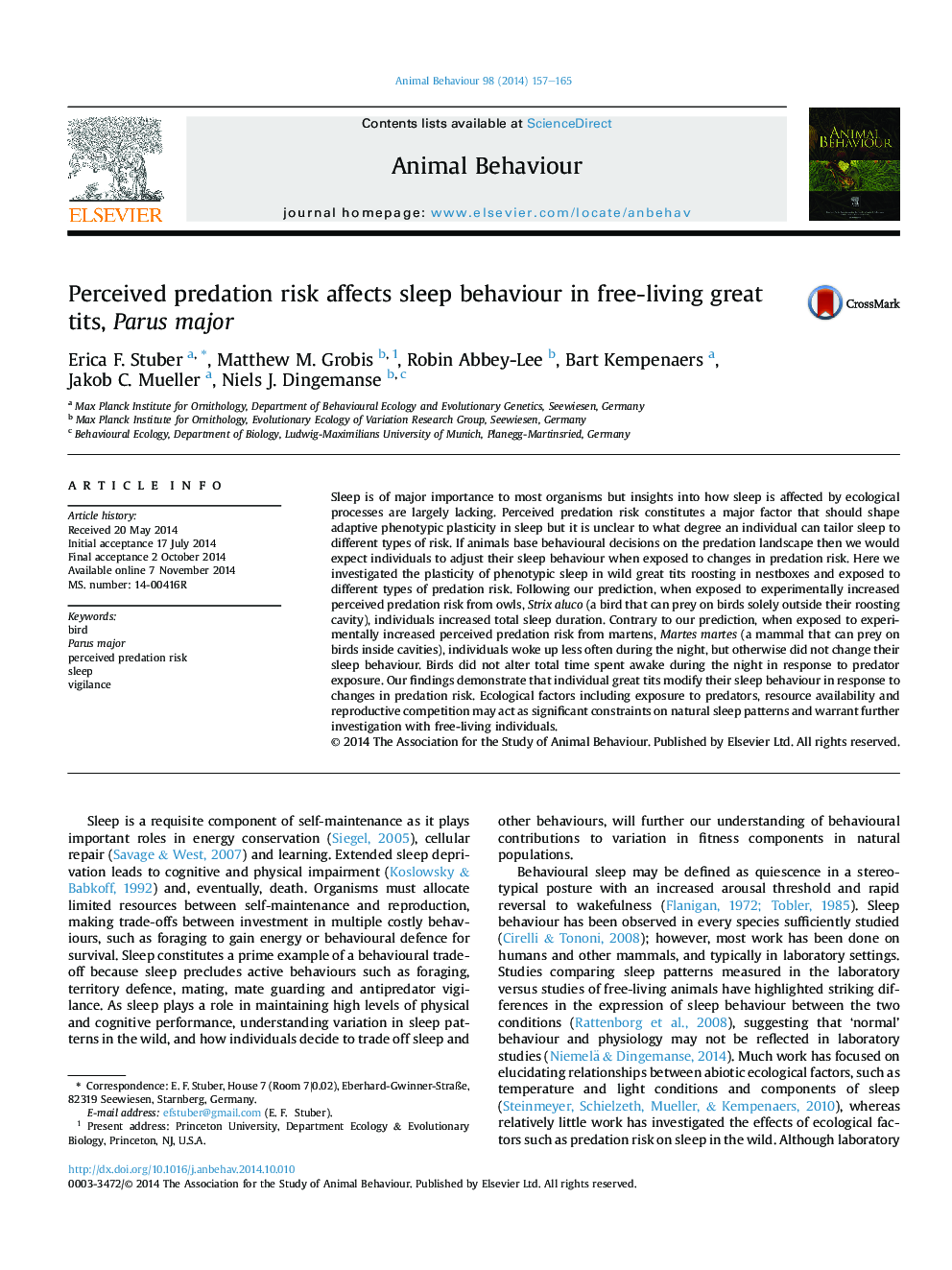 Perceived predation risk affects sleep behaviour in free-living great tits, Parus major