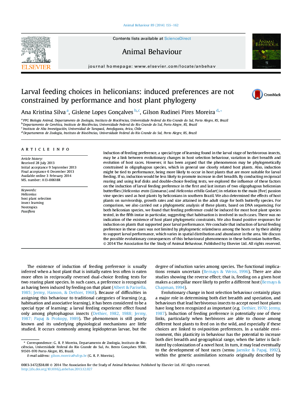 Larval feeding choices in heliconians: induced preferences are not constrained by performance and host plant phylogeny