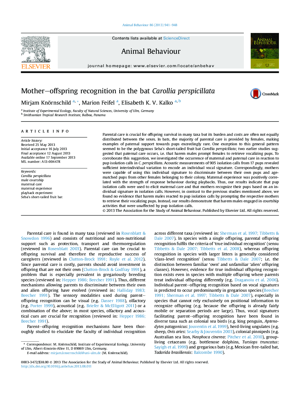 Mother–offspring recognition in the bat Carollia perspicillata