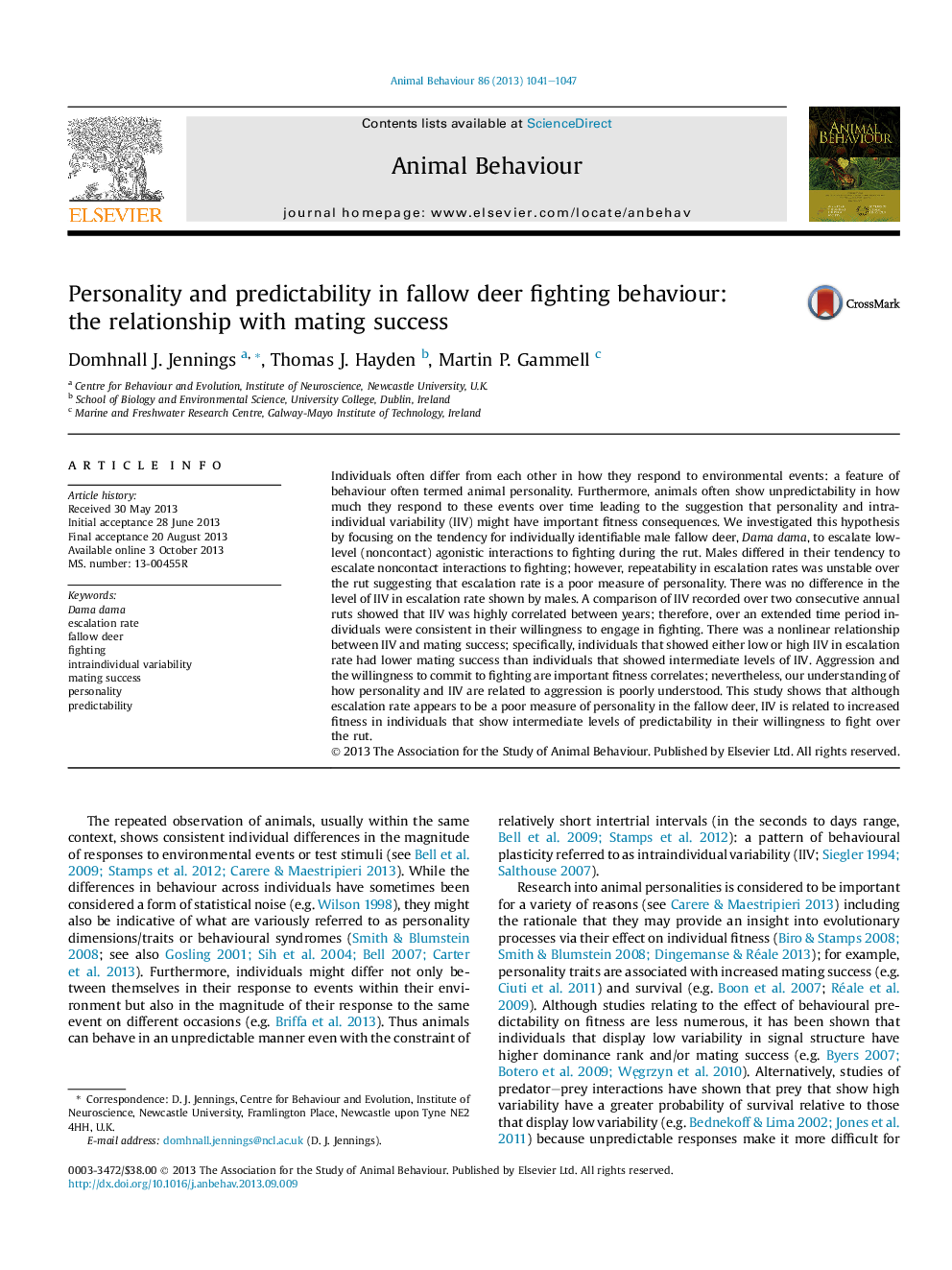 Personality and predictability in fallow deer fighting behaviour: the relationship with mating success