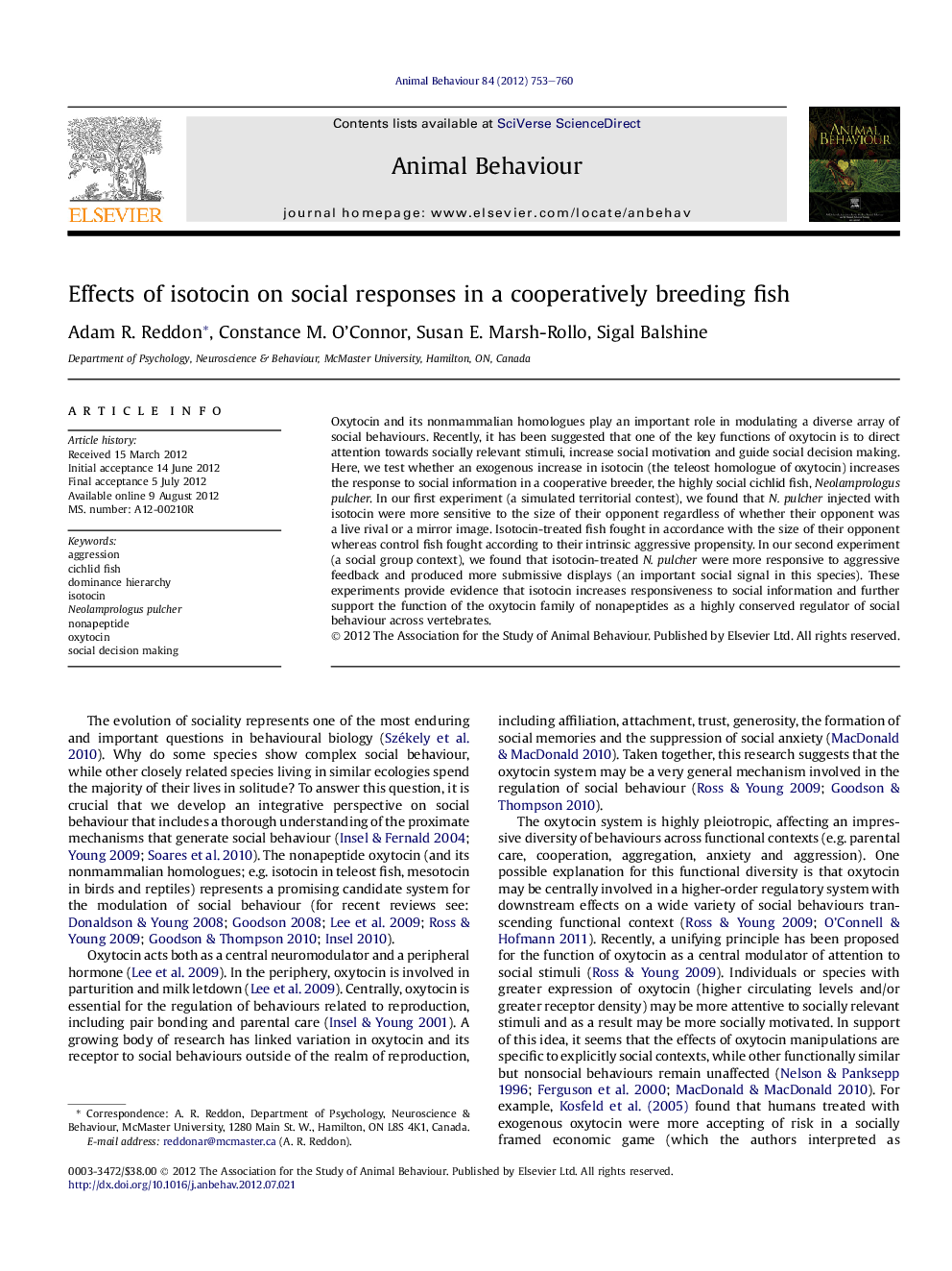 Effects of isotocin on social responses in a cooperatively breeding fish