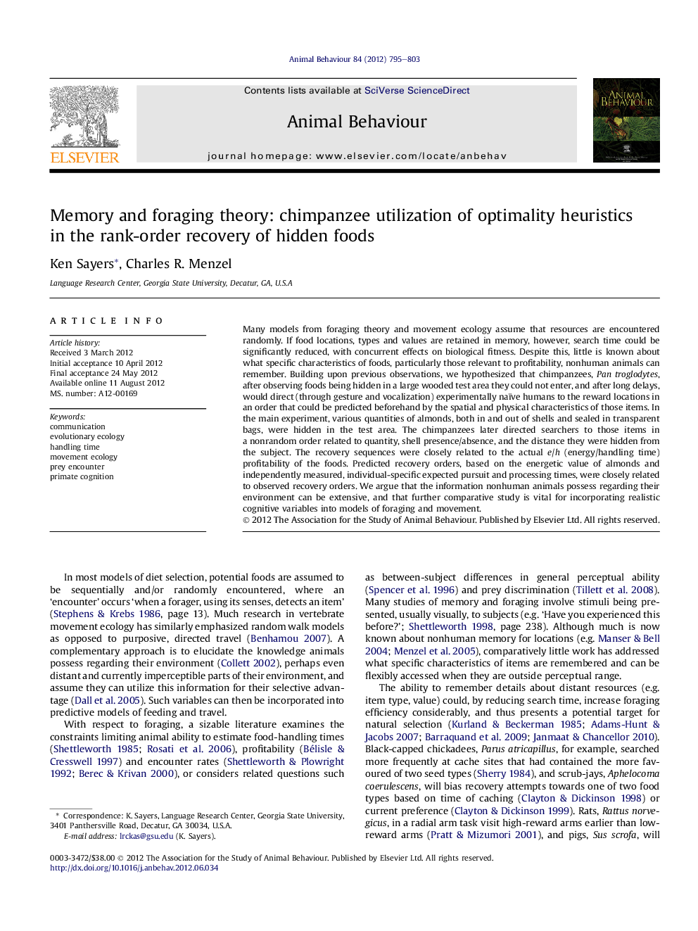 Memory and foraging theory: chimpanzee utilization of optimality heuristics in the rank-order recovery of hidden foods