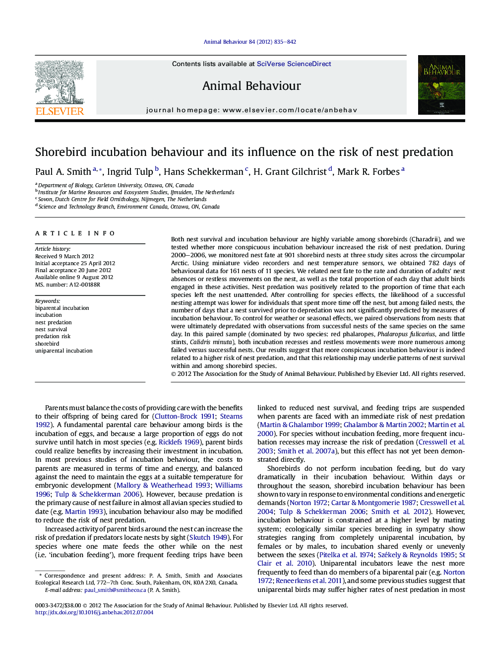 Shorebird incubation behaviour and its influence on the risk of nest predation