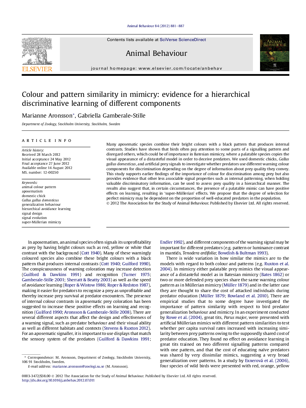 Colour and pattern similarity in mimicry: evidence for a hierarchical discriminative learning of different components