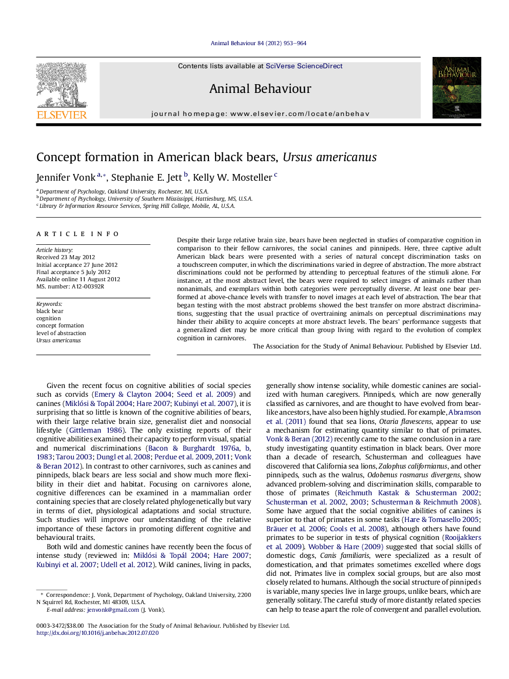 Concept formation in American black bears, Ursus americanus