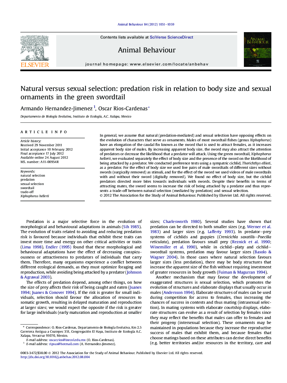 Natural versus sexual selection: predation risk in relation to body size and sexual ornaments in the green swordtail