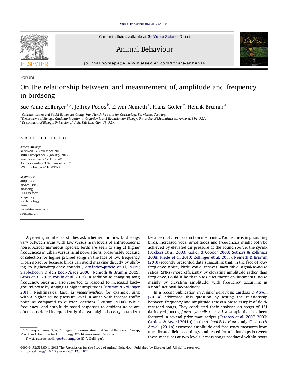 On the relationship between, and measurement of, amplitude and frequency in birdsong