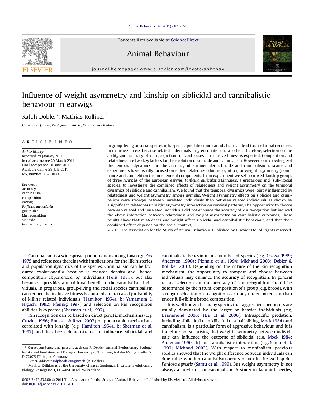 Influence of weight asymmetry and kinship on siblicidal and cannibalistic behaviour in earwigs