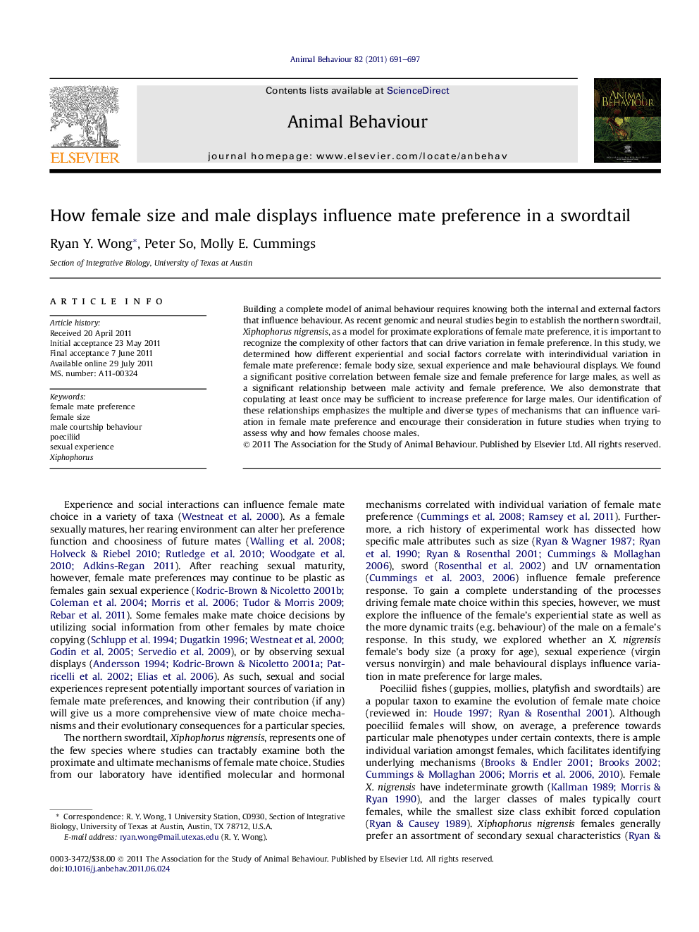 How female size and male displays influence mate preference in a swordtail