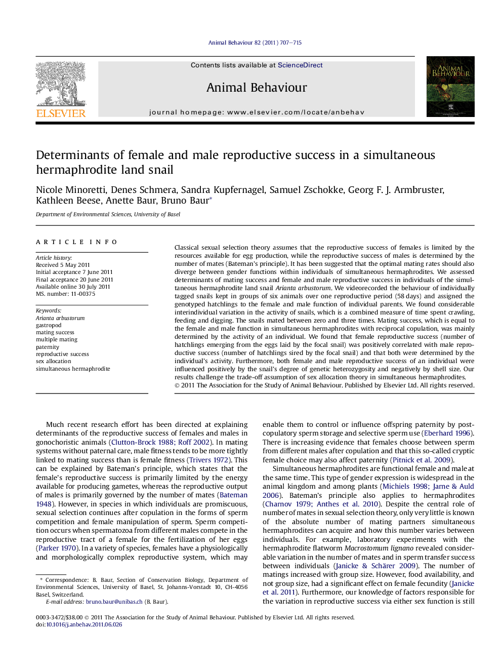 Determinants of female and male reproductive success in a simultaneous hermaphrodite land snail