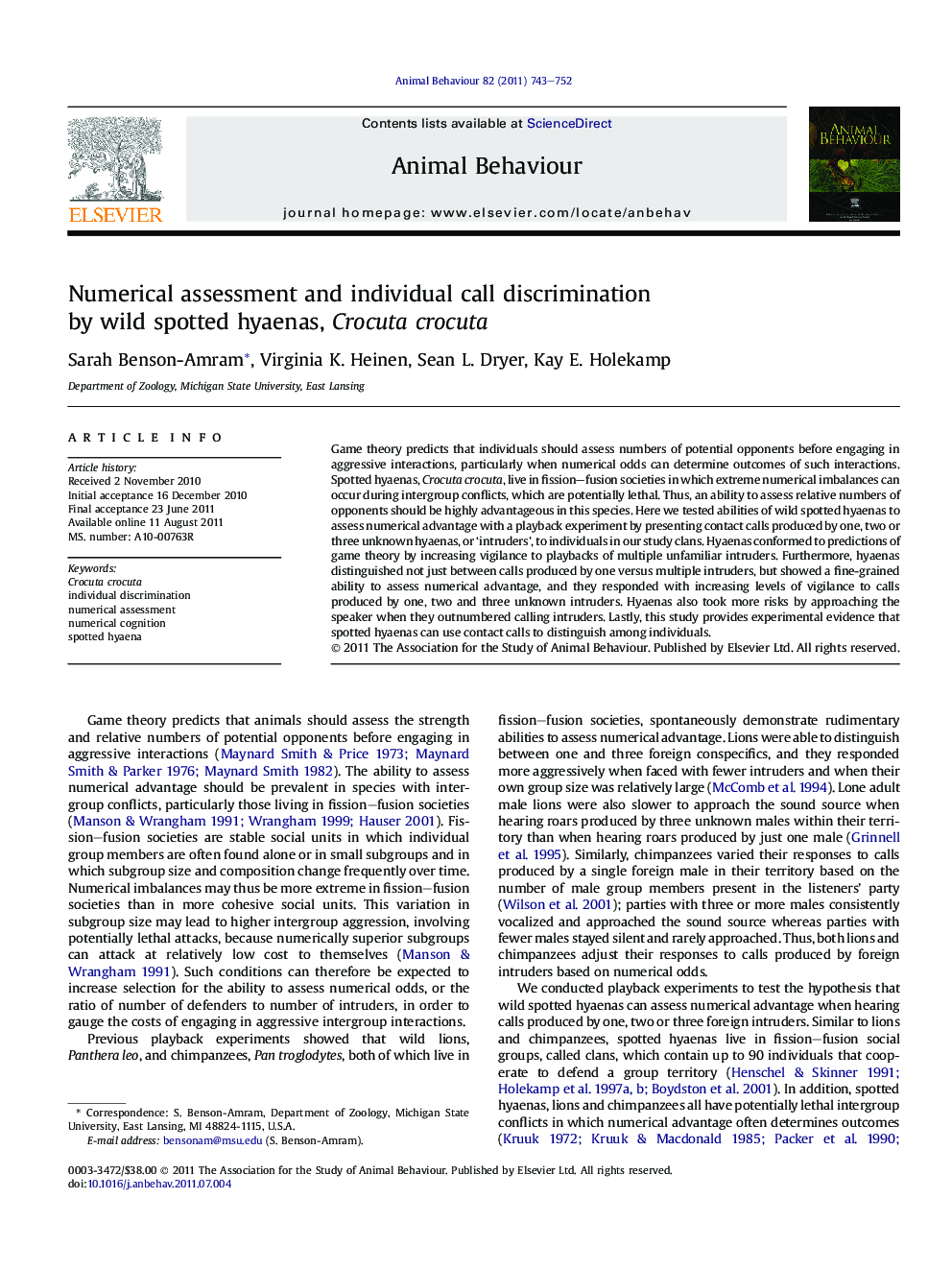 Numerical assessment and individual call discrimination by wild spotted hyaenas, Crocuta crocuta