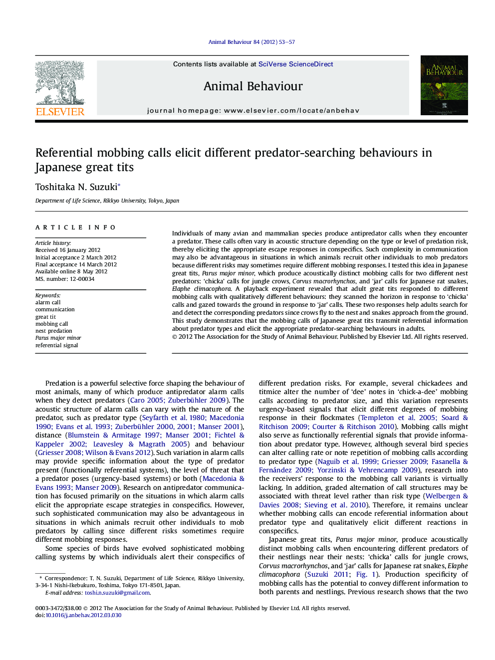 Referential mobbing calls elicit different predator-searching behaviours in Japanese great tits