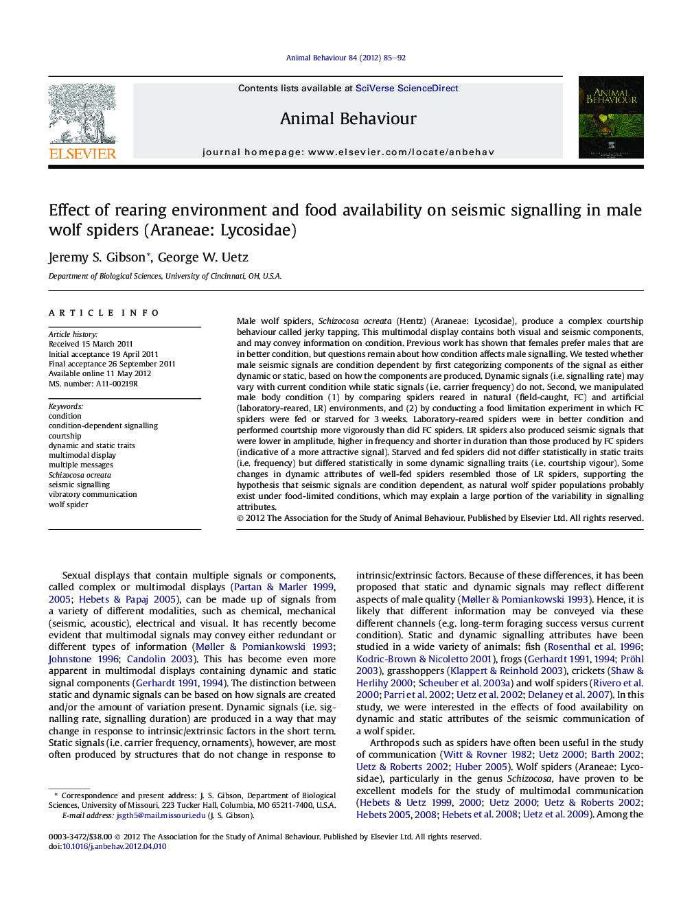 Effect of rearing environment and food availability on seismic signalling in male wolf spiders (Araneae: Lycosidae)
