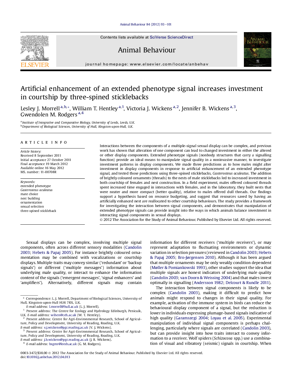 Artificial enhancement of an extended phenotype signal increases investment in courtship by three-spined sticklebacks